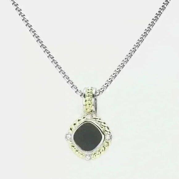 14K GP Two Tone Onyx Pendant Necklace Gorgeous - Picture 4 of 7